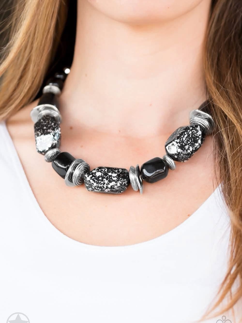 Black and Silver Statement Beaded Necklace - Women Jewelry